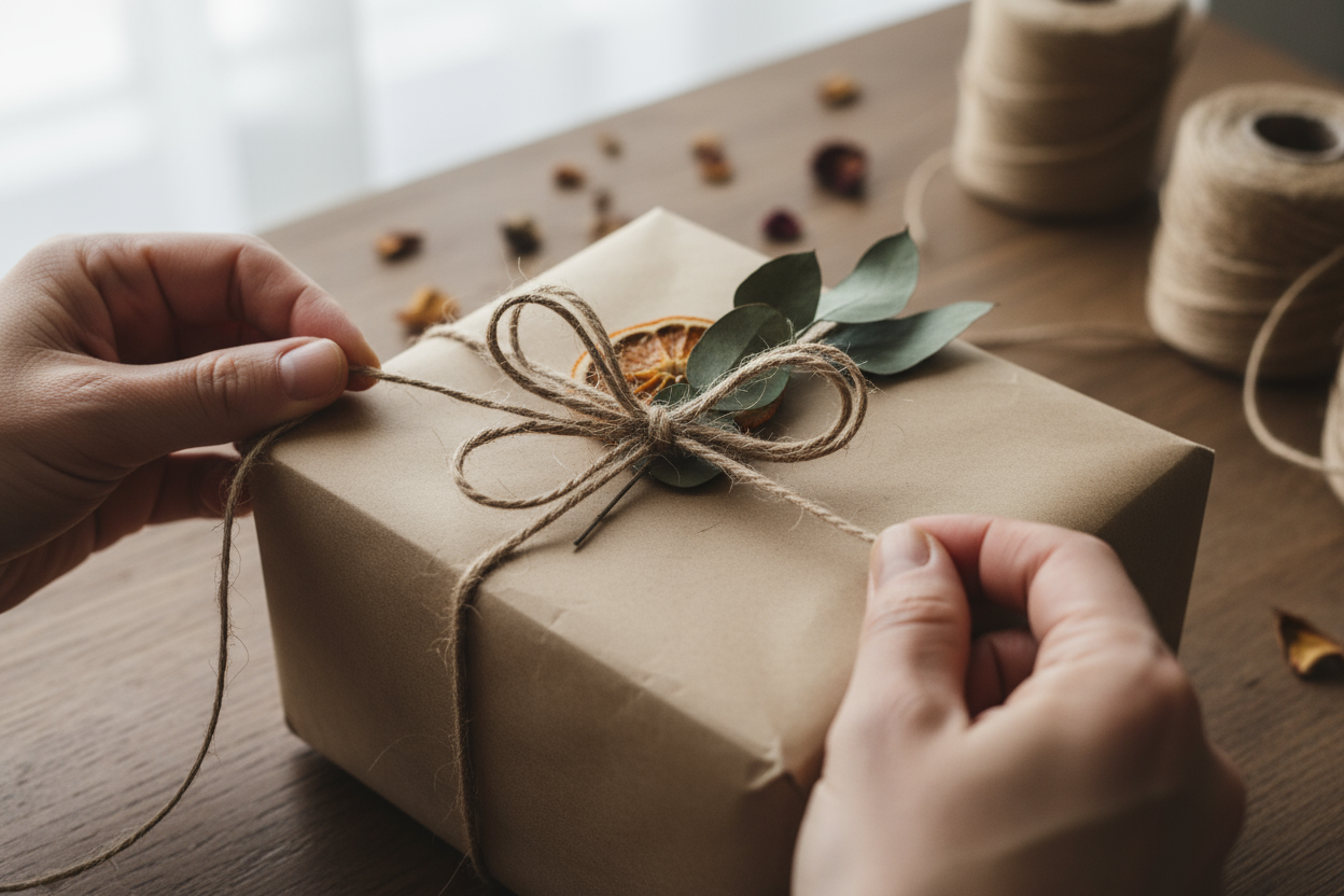 hands tying twine on a parcel